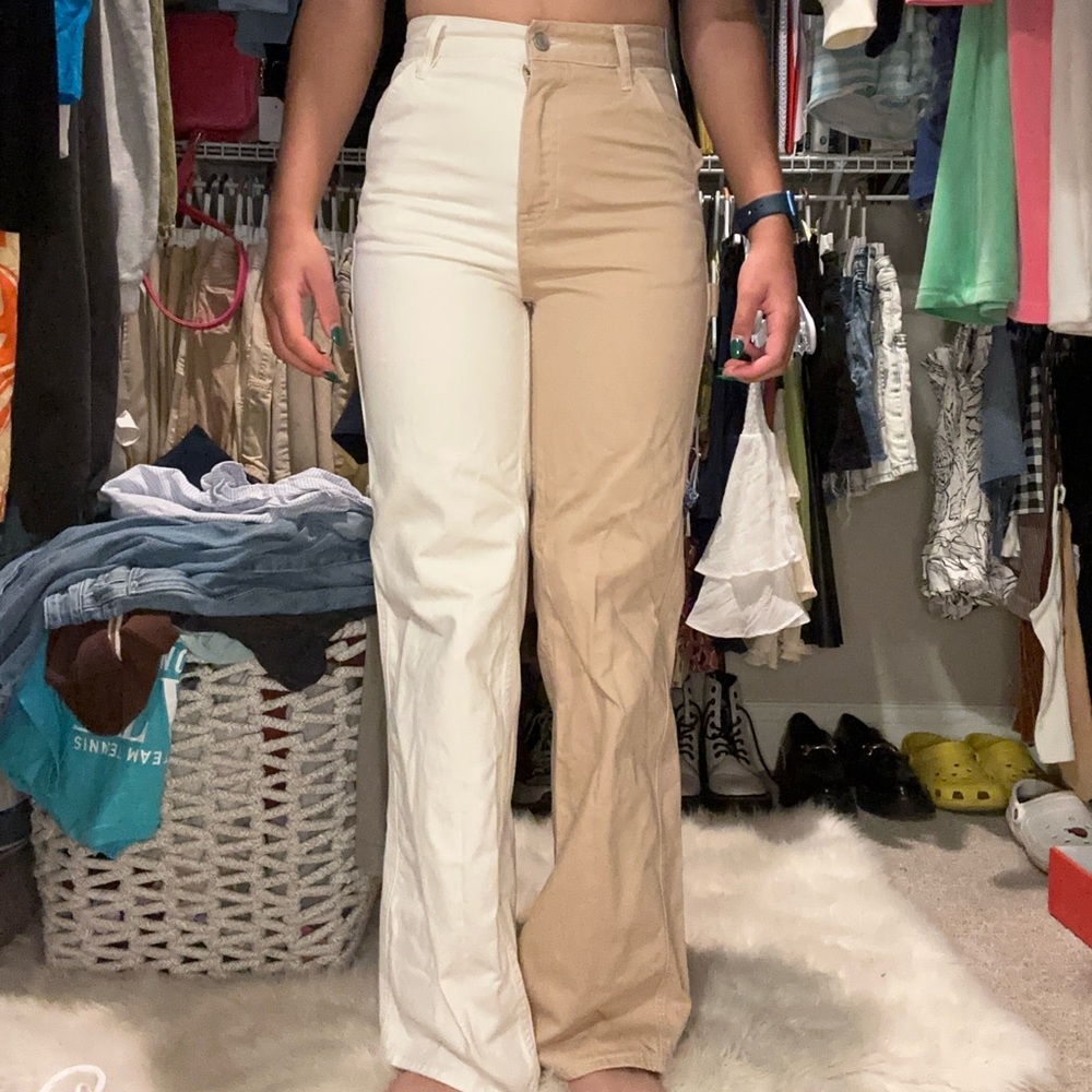 Pacsun Colorblock White and Brown Ultra High Rise Flare Carpenter Jeans